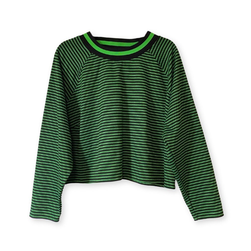 FUTURE COLLECTIVE Long Sleeve Cropped Top - Green & Black Striped T-Shirt 3X
